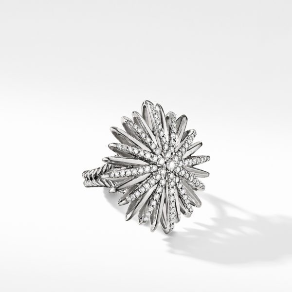 An intricate, silver-colored ring adorned with a radial pattern of diamond-encrusted petals resembling a blooming flower. The ring is displayed against a plain white background, showcasing its detailed design and sparkling features.