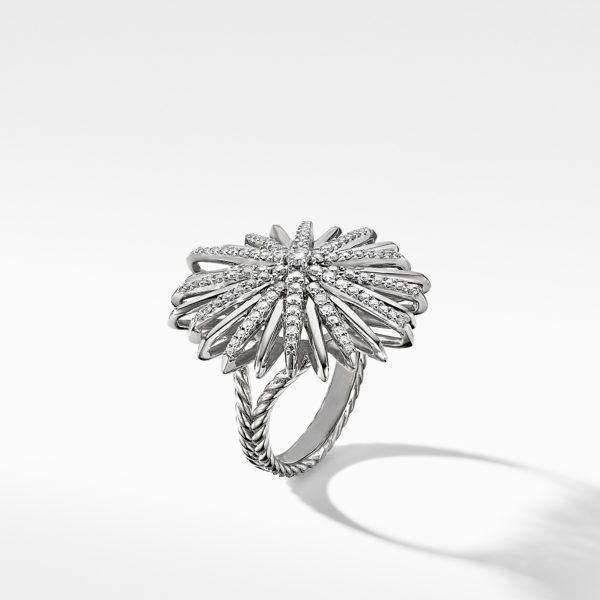 A silver ring featuring an intricate floral design. The petals are adorned with small sparkling diamonds, and the band has a textured, rope-like pattern. The image is set against a plain white background, casting a faint shadow.