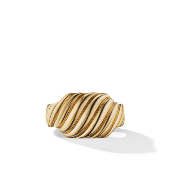 A gold ring with a twisted, rope-like design sits against a plain white background, casting a subtle shadow.