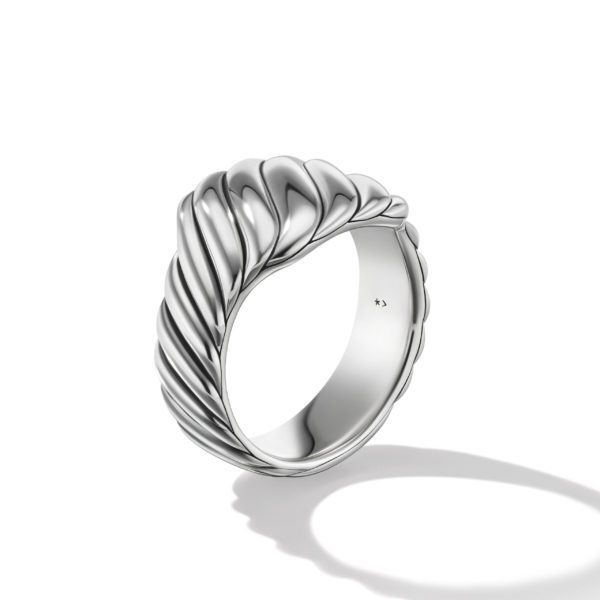 A silver ring with a twisted, rope-like design on the outside. The ring has a polished, shiny finish with smooth, curved ridges and casting a soft shadow on a white background.