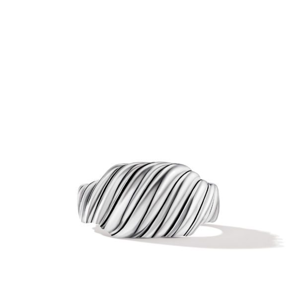 A silver ring is shown against a white background. The ring features a twisted, ribbed design, giving it a textured and elegant appearance.