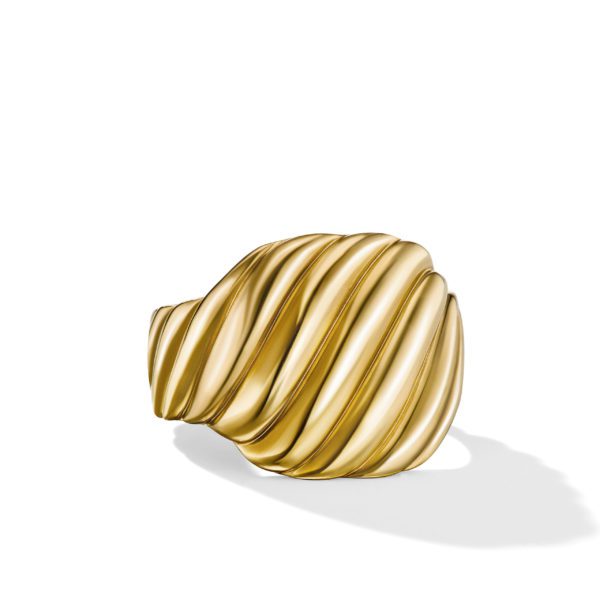 A gold ring with a bold, twisted design, featuring smooth, parallel grooves creating a wave-like appearance. The ring casts a soft shadow on a white background.