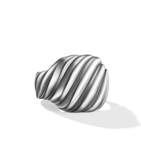 A polished silver ring with a unique, spiral design resembling twisted metal. The ring has smooth grooves that create a ribbed texture, casting subtle shadows. The image is set against a plain white background.