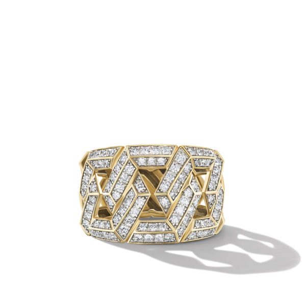 A luxurious gold ring with an intricate geometric design, featuring multiple interlocking polygonal shapes adorned with sparkling diamonds. The ring casts a shadow on a plain white background.