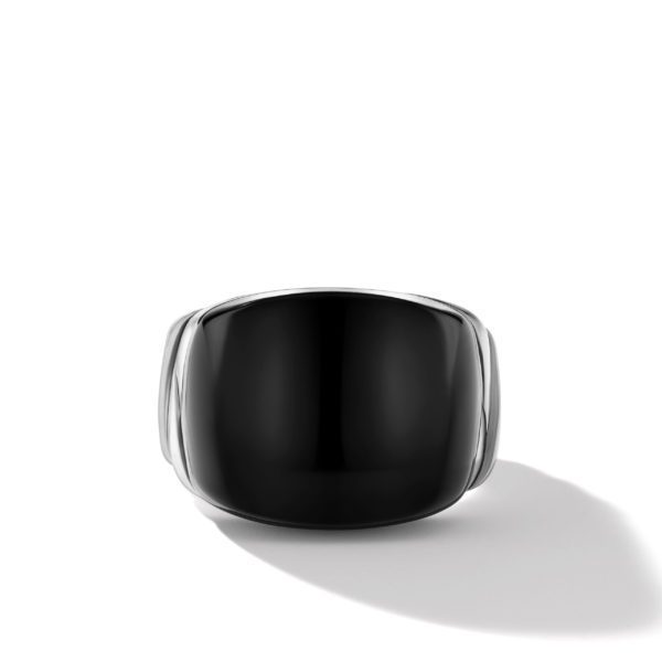 A sleek black ring with a broad, smooth, and glossy surface set in a shiny silver band. The ring is centrally positioned against a plain white background, casting a faint shadow to the right side.