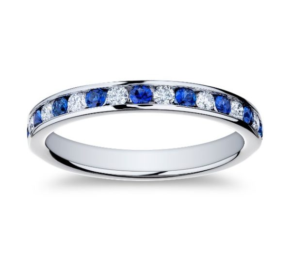 18K white gold wedding band with round diamonds and round sapphires from Bromberg's signature collection