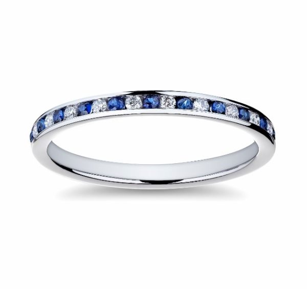18K white gold wedding band with round diamonds and round sapphires from Bromberg's signature collection