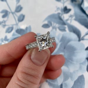 A princess cut engagement ring with pristine clarity.