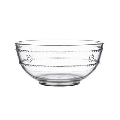 The Juliska Isabella Acrylic Berry Bowl boasts a clear acrylic construction with a circular base. The bowl is adorned with decorative patterns, including evenly spaced raised dots and horizontal lines encircling its exterior. It features a smooth finish and has a slightly flared rim.