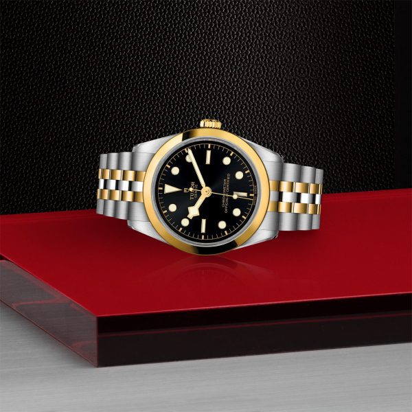 The TUDOR Black Bay 36 S&G, a luxury wristwatch with a black dial and gold accents, is paired with a two-tone silver and gold metal bracelet. The watch is elegantly displayed on a red surface against a dark textured background.