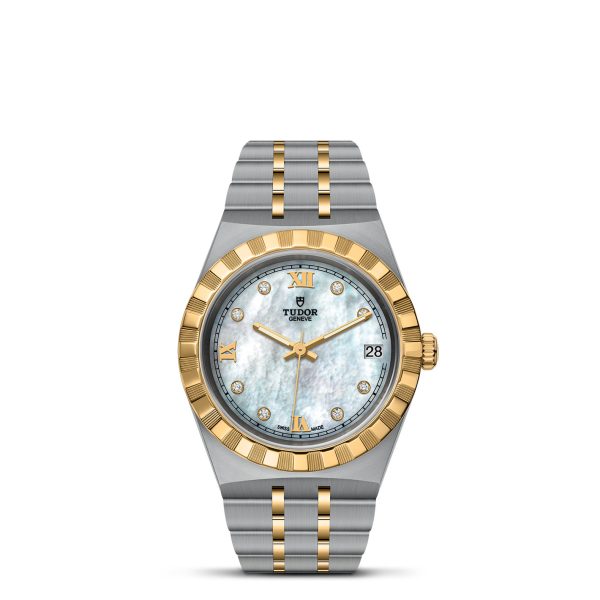 The TUDOR Royal is a luxury wristwatch that boasts a sophisticated silver and gold metal band. It features an elegant mother-of-pearl dial adorned with gold Roman numeral and diamond hour markers, a date display positioned at 3 o'clock, and a refined gold bezel. The brand "TUDOR" is prominently visible below the 12 o'clock marker.