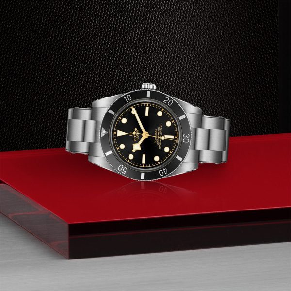 The TUDOR Black Bay 54, a stainless steel wristwatch with a black face and bezel, is displayed on a red surface against a dark, textured background. This watch features luminescent hour markers, large white sword-shaped hands, and a date window at 3 o'clock, complemented by its silver metal band.