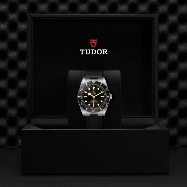 A TUDOR Black Bay 54 watch with a black dial and bezel, white markers, and a black strap is displayed in an open black box. The Tudor logo, featuring a red shield and the brand name, is prominently shown above the watch inside the lid. The background is blurred and black.