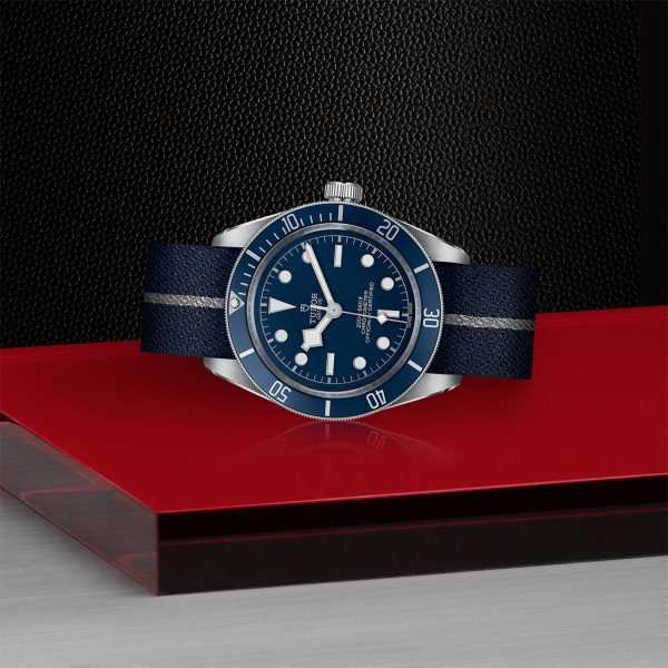 The TUDOR Black Bay Fifty-Eight, a luxury watch with a blue face and bezel, is showcased on a dark textured background. It boasts a dark blue strap accented with a lighter stripe. The hands and markers of the watch are visible, highlighting its classic design.