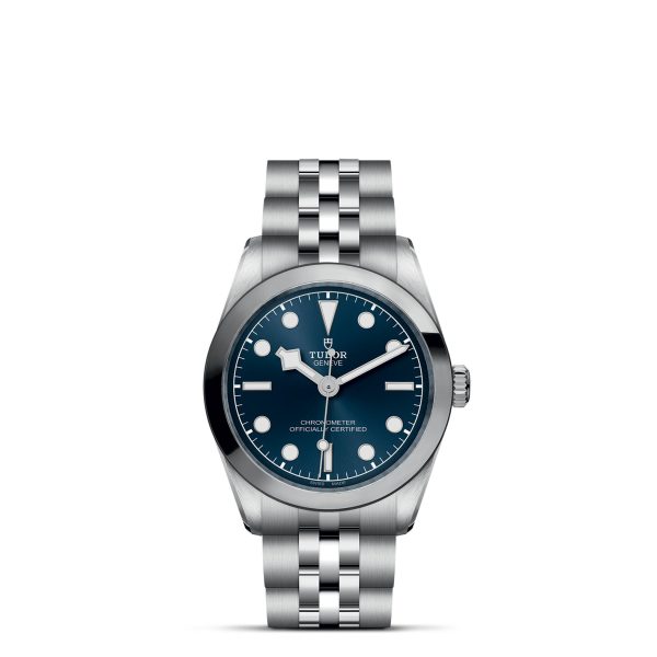 The TUDOR Black Bay 31 is a luxury wristwatch with a steel bracelet and blue dial. It features luminescent hour markers and hands, a date window, and the Tudor logo just below the 12 o'clock position. The bracelet boasts a polished and brushed metal finish.