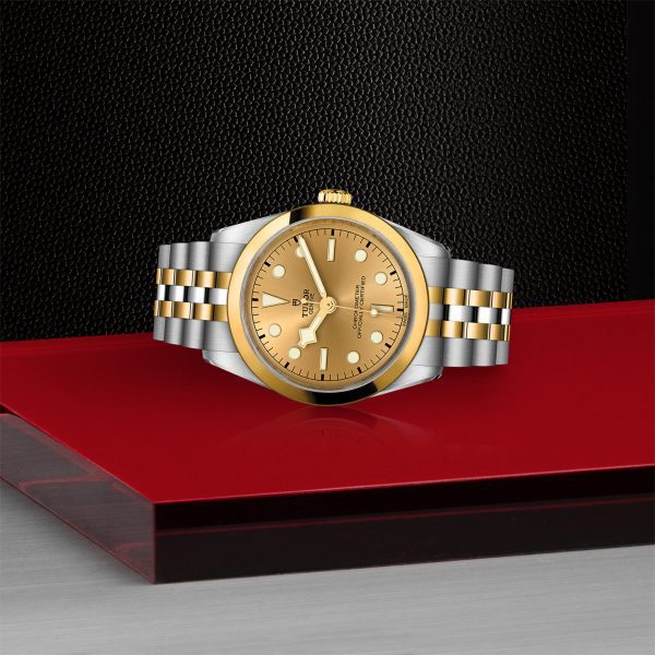 The TUDOR Black Bay 36 S&G, a luxury wristwatch with a gold face, gold bezel, and a two-tone silver and gold bracelet, is displayed on a sleek red platform with a black textured backdrop. The watch face features simple hour markers and a date window.