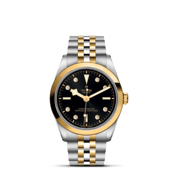 The TUDOR Black Bay 36 S&G is a luxury wristwatch with a black dial featuring gold hour markers and hands, encased in a stainless steel and gold bezel. The watch showcases a two-tone metal bracelet, combining stainless steel and gold links. The brand "Tudor" and other details are prominently displayed on the dial.