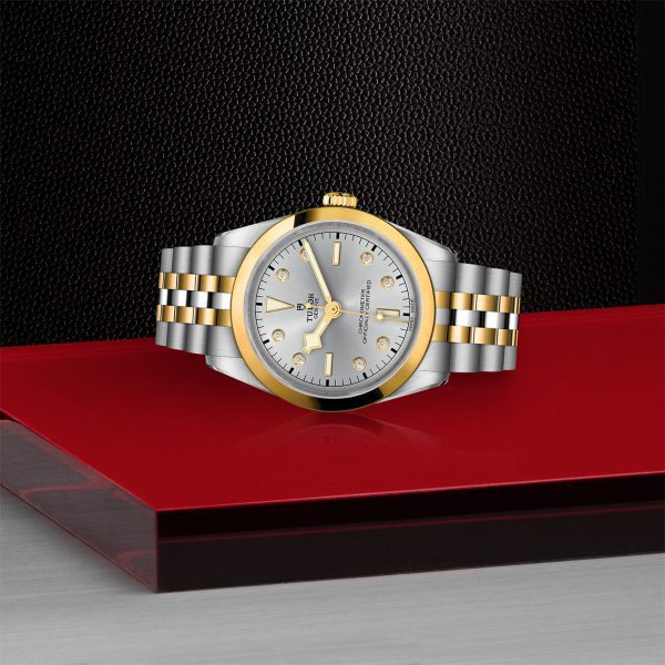 The TUDOR Black Bay 36 S&G, a luxury wristwatch with a silver and gold metal band and a round silver face adorned with gold markers, is showcased on a red platform set against a black textured background. The watch also features an eye-catching yellow bezel and crown.