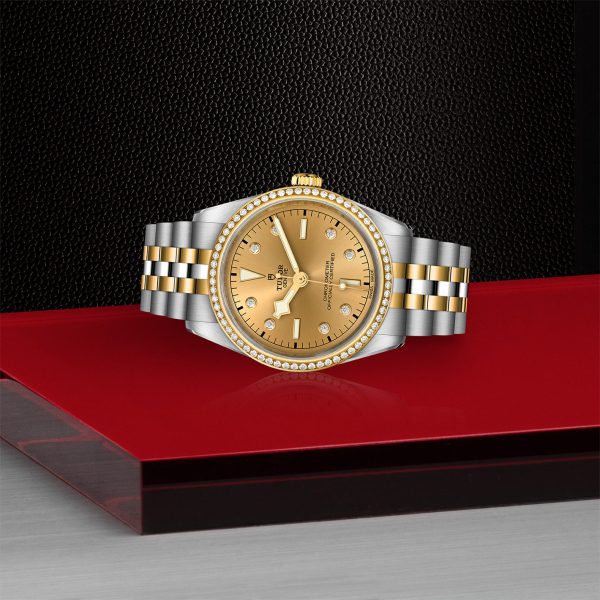 The TUDOR Black Bay 36 S&G, showcasing its gold dial, gold bezel, and diamond markers, is displayed on a red and black platform. The wristwatch features a band composed of silver and gold links. A textured black surface in the backdrop highlights the watch's elegant design.