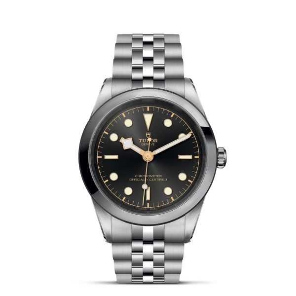 Introducing the TUDOR Black Bay 41: A silver wristwatch with a black dial, featuring luminous dot hour markers and three hands, including a distinctive snowflake hour hand. The face proudly displays the brand name along with the text "Chronometer Officially Certified." The bracelet showcases an elegant polished and brushed metal link design.