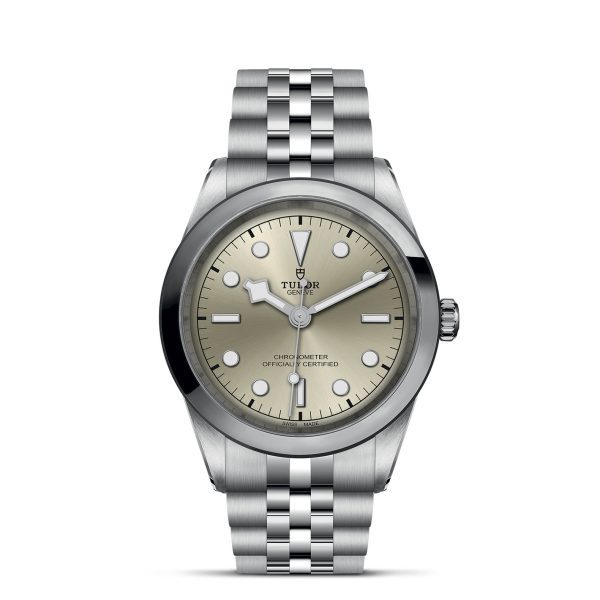 The TUDOR Black Bay 41 is a silver wristwatch featuring a brushed stainless steel bracelet. Its champagne-colored dial is adorned with simple hour markers and includes a date window, while the Tudor logo is prominently displayed below the 12 o'clock position. The watch also boasts a smooth, polished bezel.