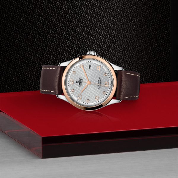 The TUDOR 1926, a luxury wristwatch featuring a round face encased in silver and rose gold, is displayed on a dark, textured background. This elegant timepiece boasts a brown leather strap and a white dial with gold hour markers and hands. It sits gracefully on a red horizontal surface.