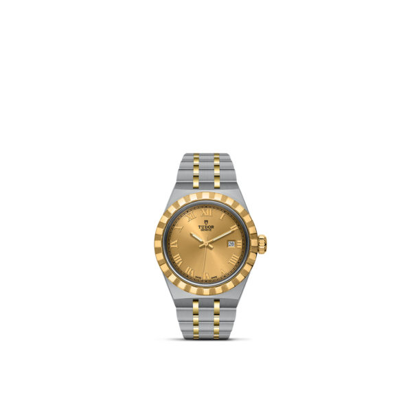 The TUDOR Royal is a silver and gold two-tone wristwatch featuring a metal strap. The round face displays a mix of gold and silver colors with Roman numerals at the 12, 3, 6, and 9 o'clock positions. The "Tudor" brand name is prominently visible on the face. This watch also includes a fluted bezel and a gold crown.