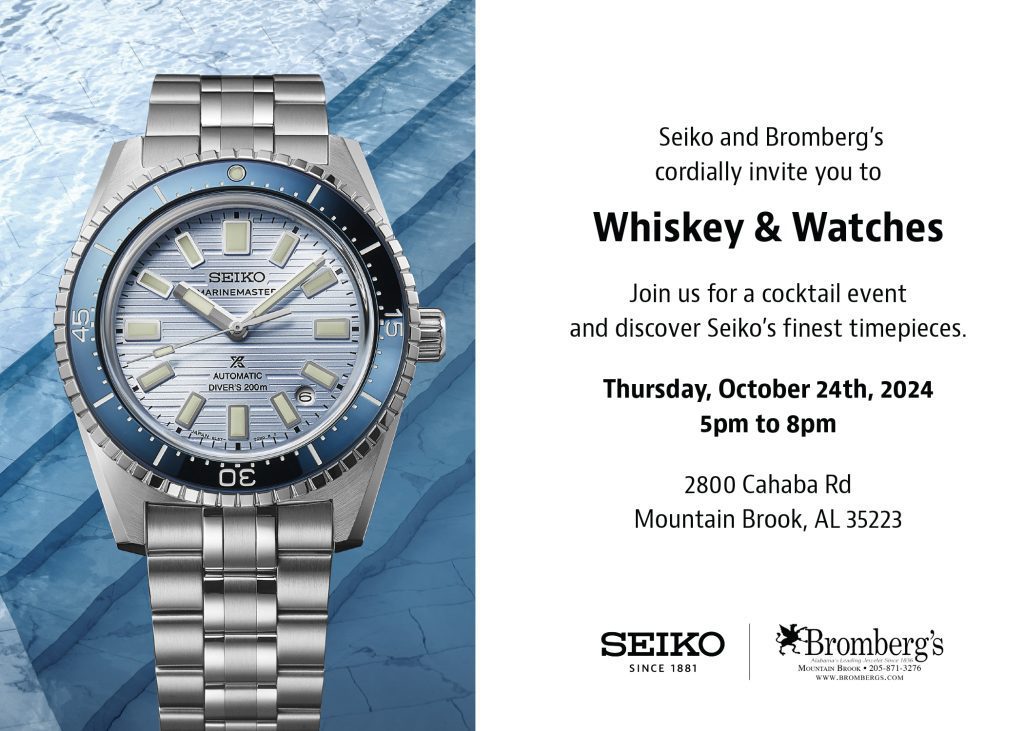 A silver Seiko Prospex Save the Ocean watch is paired with an invitation to a Whiskey & Watches event on October 24th, 2024, at Bromberg’s in Mountain Brook, AL. The invite includes event details and Seiko and Bromberg's logos.