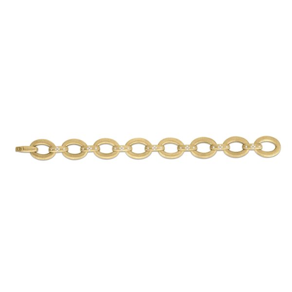 The Roberto Coin Duchessa Diamond and Satin Oval Link Bracelet is a stunning piece with interlocking oval-shaped links, featuring a smooth finish and a clasp on one end. Its simple yet elegant design makes it perfect for both casual and formal wear.