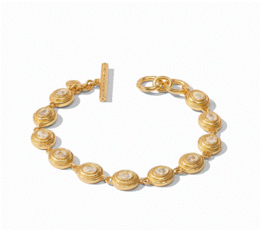 Introducing the Julie Vos Tudor Tennis Bracelet - Cubic Zirconia: a stunning gold-tone chain bracelet featuring round, spiral-patterned links, each adorned with a small clear gemstone at the center. This elegant bracelet is completed with a toggle clasp closure, all set against a pristine white background.