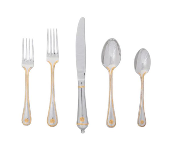 The Juliska Berry & Thread 5 Piece Place Setting - Polished with Gold, featuring two elegant forks, a knife, a tablespoon, and a teaspoon adorned with gold ornate detailing, is neatly arranged in a row from left to right on a plain white background.