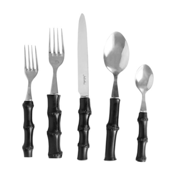 The Juliska Bamboo 5 Piece Place Setting - Black is artfully displayed on a white background. This set features black bamboo-style handles and includes two forks, a knife, a large spoon, and a small spoon.