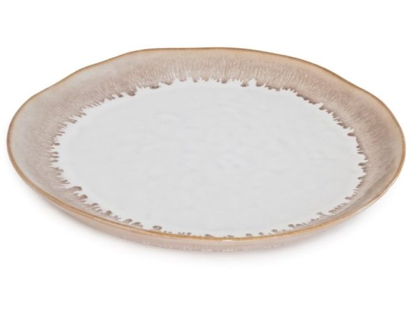 The Simon Pearce Burlington Dinner Plate - Bluff is a round ceramic plate featuring a textured, off-white center and a light brown, slightly irregular rim. The edges possess a subtle organic shape, enhancing its handcrafted appearance.