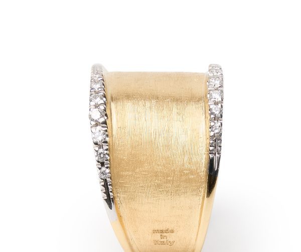 Introducing the Marco Bicego Lunaria Diamond Band: a luxurious gold ring with a textured finish, adorned with two rows of small sparkling diamonds embedded along the edges. The inner band includes an elegant inscription.