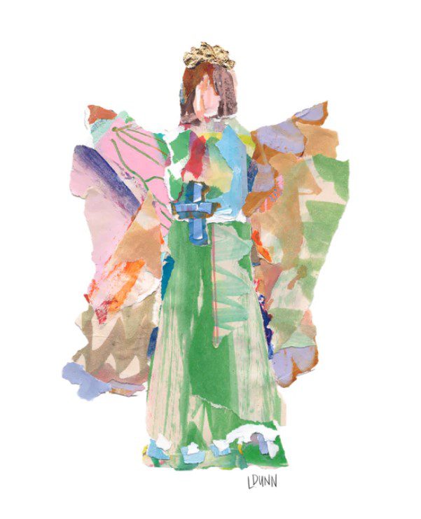 The "Lauren Dunn Framed Kathleen Angel Print - 8x10"" features a colorful abstract illustration of a person wearing a crown and dressed in a flowing, vibrant outfit primarily in shades of green, pink, and blue. Their attire resembles a robe with wide sleeves adorned with intricate patterns. The background is plain white, offering no additional details to distract from the striking figure.