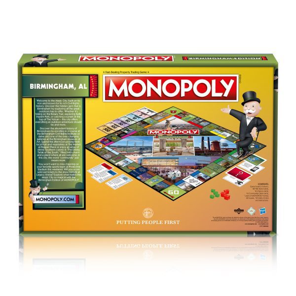 Image of the Birmingham Edition Monopoly Board Game. The box cover showcases the Monopoly logo, a detailed board with themed properties, and the Rich Uncle Pennybags character pointing to the board. The background highlights landmarks of Birmingham, Alabama.