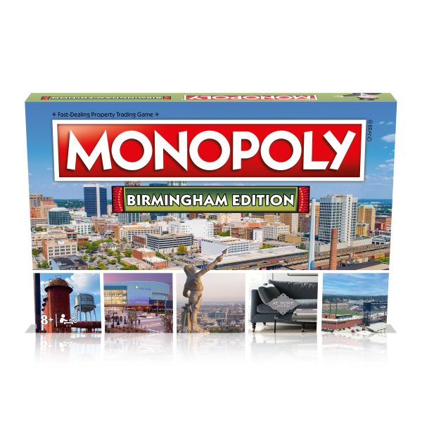 The image depicts the Birmingham Edition Monopoly Board Game. The box showcases a skyline photo of Birmingham along with smaller images of the city's notable landmarks. The classic Monopoly logo is prominently displayed across the top.