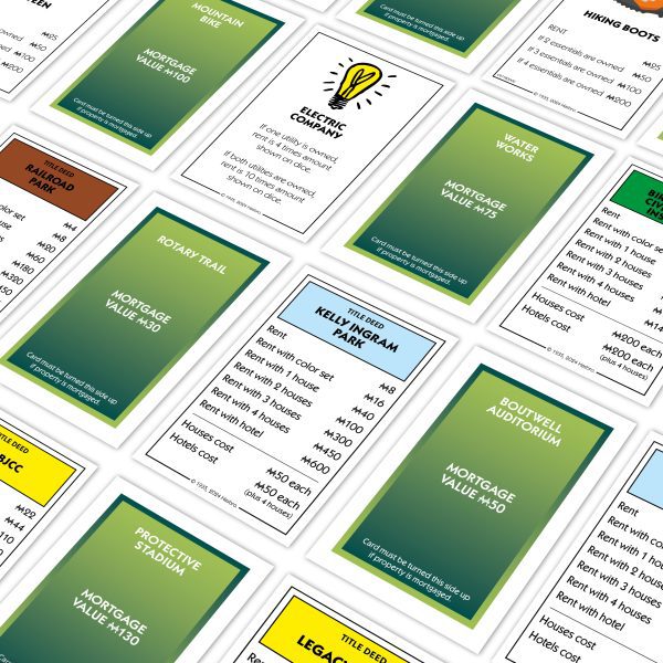 A close-up of the custom Monopoly property cards from the Birmingham Edition Monopoly Board Game laid out in a grid, each card displaying details such as property names, mortgage values, and rent information. These colorful cards represent various categories and symbolize different properties and utility services.