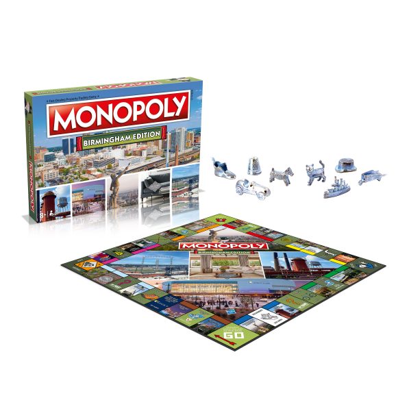 Image of the Birmingham Edition Monopoly Board Game. This edition includes a board featuring Birmingham landmarks, silver player tokens, houses, hotels, and game cards. The box and board are prominently displayed, showcasing the game's design.