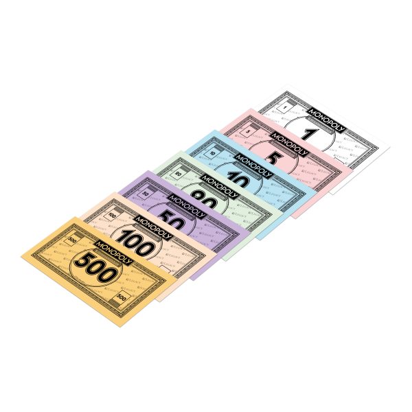 Six banknotes from the Birmingham Edition Monopoly Board Game, in various denominations (1, 5, 10, 20, 50, and 500), are arranged in a fanned-out formation. The notes are colored white, pink, blue, green, yellow, and gold respectively.