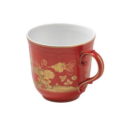 The ORIENTE ITALIANO RUBRUM RED MUG features a sophisticated gold floral design on red ceramic, complemented by an ornate handle, set against a white background.