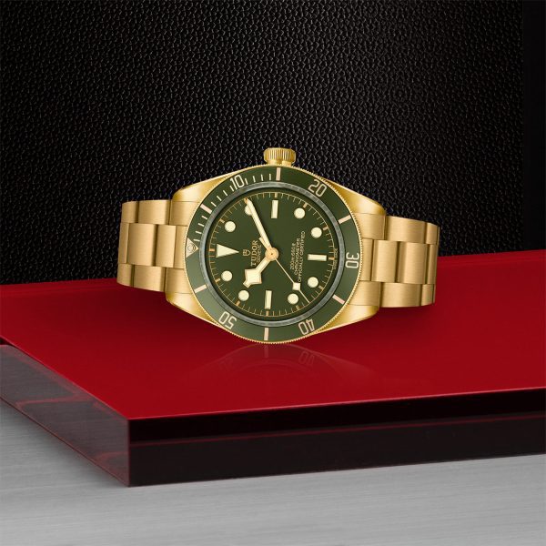 The TUDOR Black Bay 58, featuring a green dial and bezel with a unidirectional design, luminous hour markers and hands, and a date indicator at the 3 o’clock position, is displayed on a glossy red and black surface.