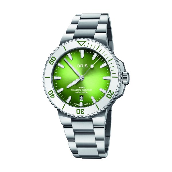 A luxury Oris Aquis Date - Taste of Summer wristwatch, featuring a stainless steel band and a vibrant green dial. The watch includes a unidirectional rotating bezel, luminous indices and hands, and a date display at the 6 o'clock position. It is water-resistant up to 300 meters.