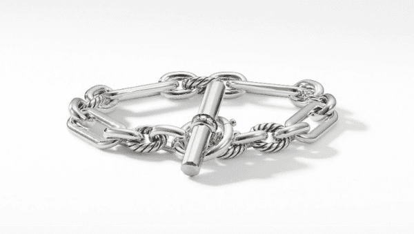 The LEXINGTON DIAMOND LINK, a chunky silver bracelet featuring interlocking oval and twisted rope-style links with a T-bar clasp, is displayed lying flat on a white background.