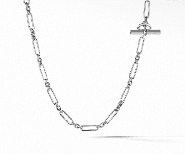 The LEXINGTON TOGGLE CHAIN is a sleek silver chain necklace featuring elongated links and a T-bar clasp.