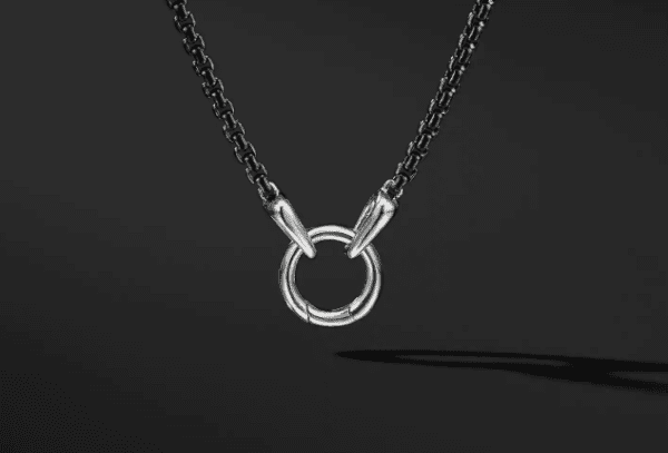 The AMULET NECKLACE, featuring a dark chain and a stunning silver pendant of two claws grasping a circular ring, is showcased against a black background. The shadow of the chain falls subtly below, accentuating the intricate design details of the pendant.