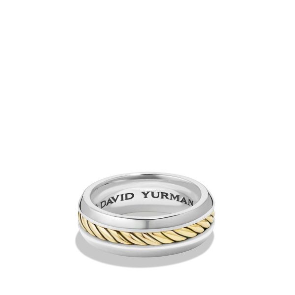 An 8MM INSET BAND featuring a twisted gold rope detail around its center, branded with "David Yurman" on the inner part of the band and boasting a polished, shiny finish.