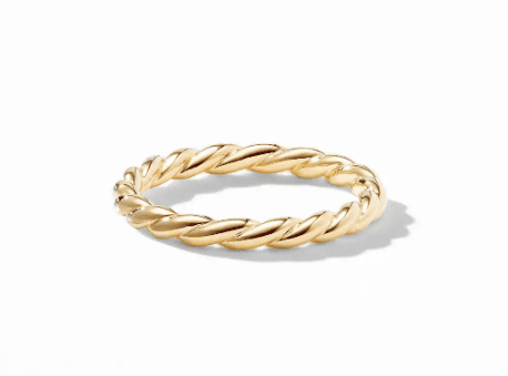 A close-up of the 2.7MM PETITE PAVEFLEX RING set against a white background. The ring showcases a simple yet elegant design with a continuous twisted pattern, giving it a textured and intertwined appearance.