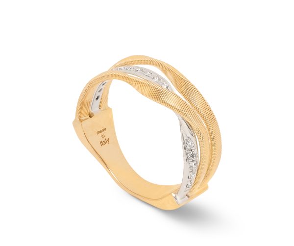 Introducing the Marco Bicego Three Band Coil Diamond Ring, a stunning gold and silver twisted design featuring a textured finish and adorned with a row of small inset gemstones. The inner band is elegantly engraved with "made in Italy.