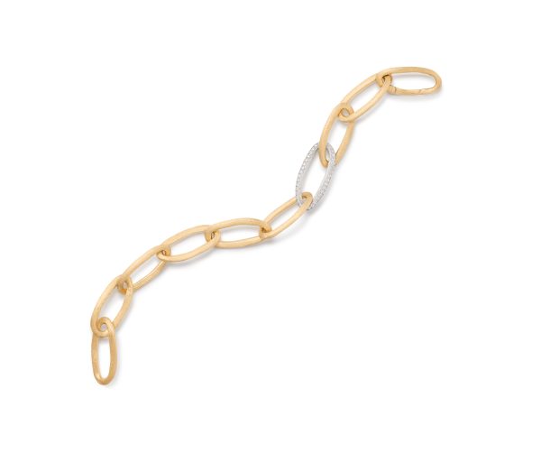 The Marco Bicego Jaipur Oval Link and Diamond Bracelet is a gold bracelet composed of nine oval links, with one silver link adorned with small diamonds. It is elegantly displayed in a gentle curve against a plain white background.